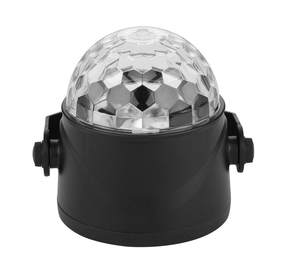 Discolampa LED Ambiance med svart bas och klar fasetterad kupol, framifrån.