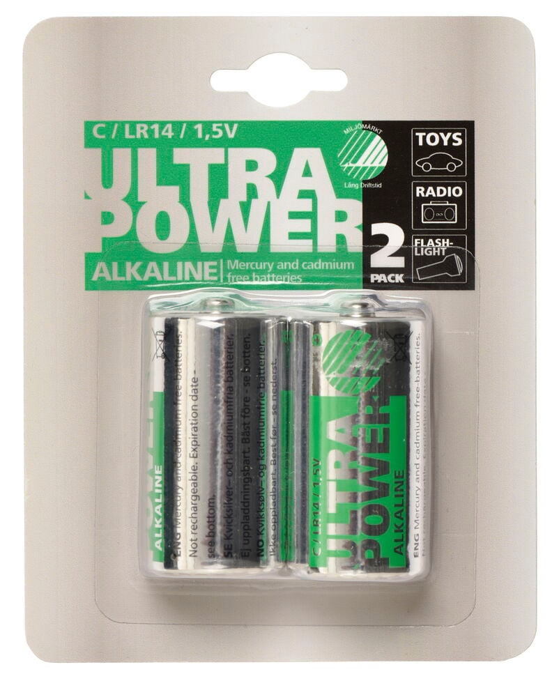 Ett vitt och grått blisterpack innehåller två silver- och gröna Ultra Power C alkaline-batterier.