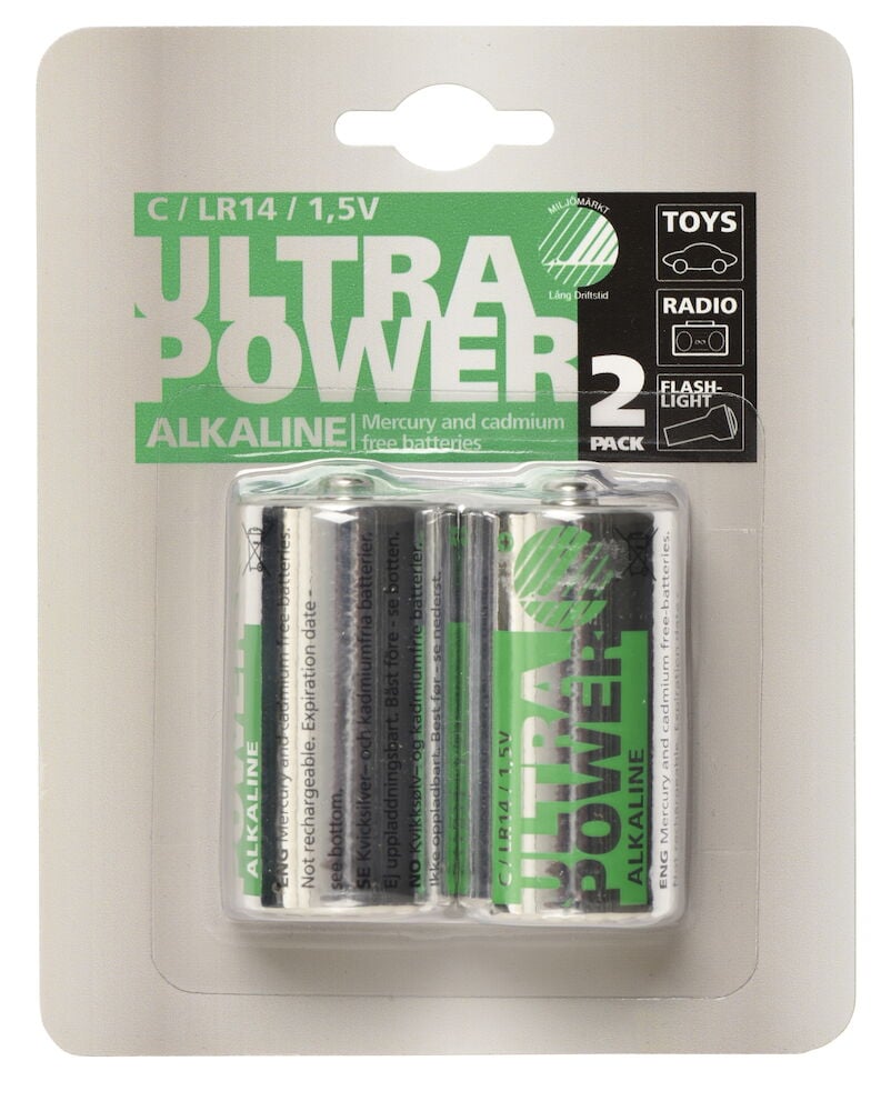 Kaksi C-alkaliparistoa muovipakkauksessa.