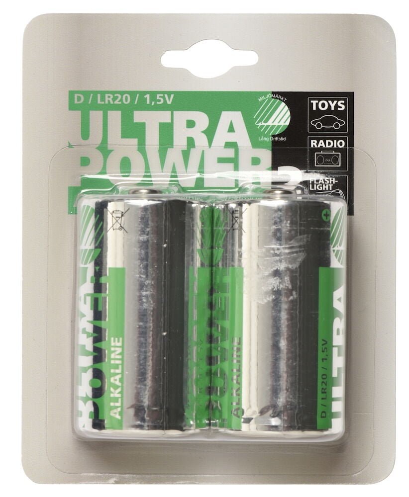 Kaksi D-paristoa vihreällä etiketillä varustetussa pakkauksessa.