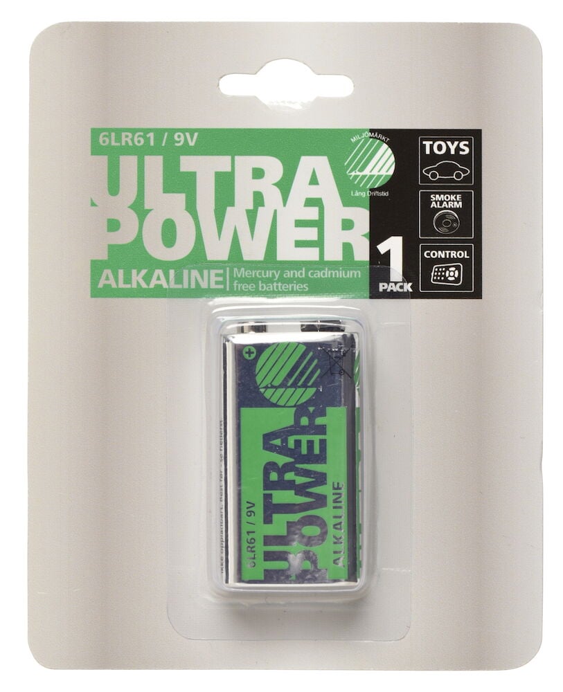 9V alkalinen paristo pakkauksessa.