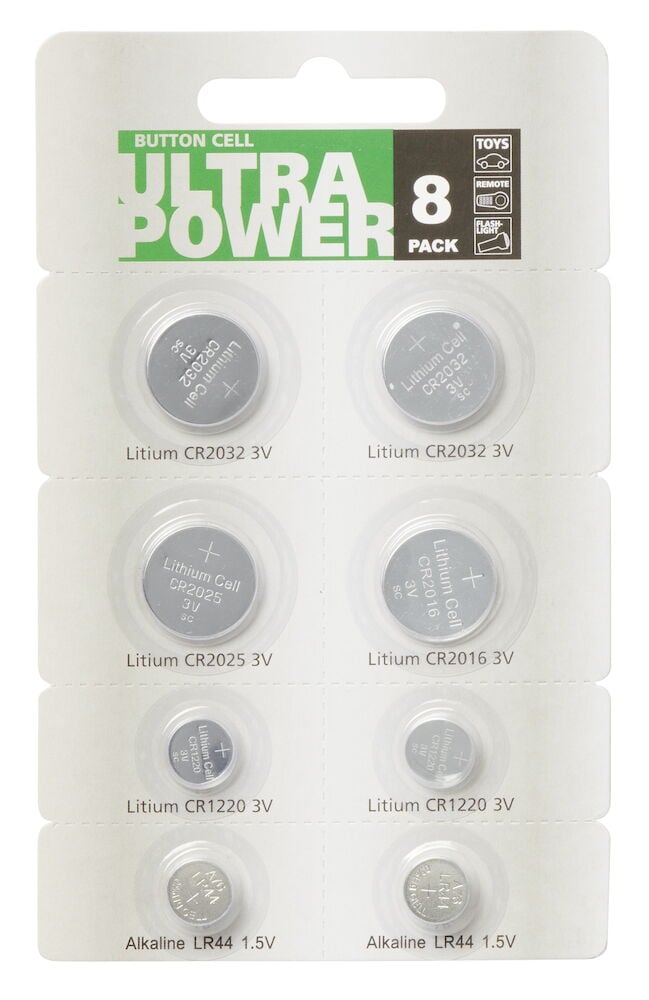 Kahdeksan nappiparistoa sekoitetussa koossa pakkauksessa.