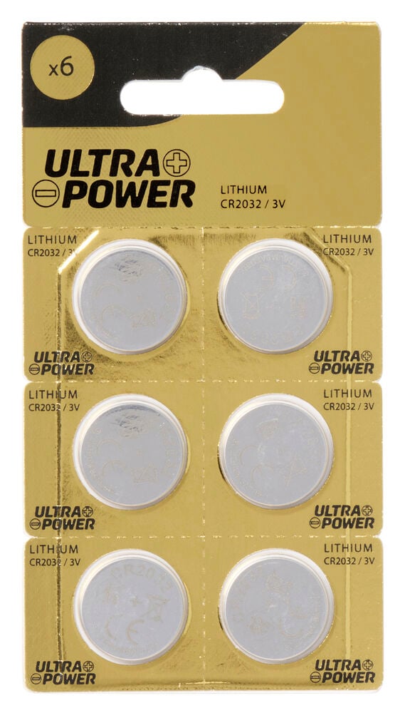 Frontvy av Knappcellsbatteri CR2032 6-pack Litium, i guldfärgad förpackning med svart text.