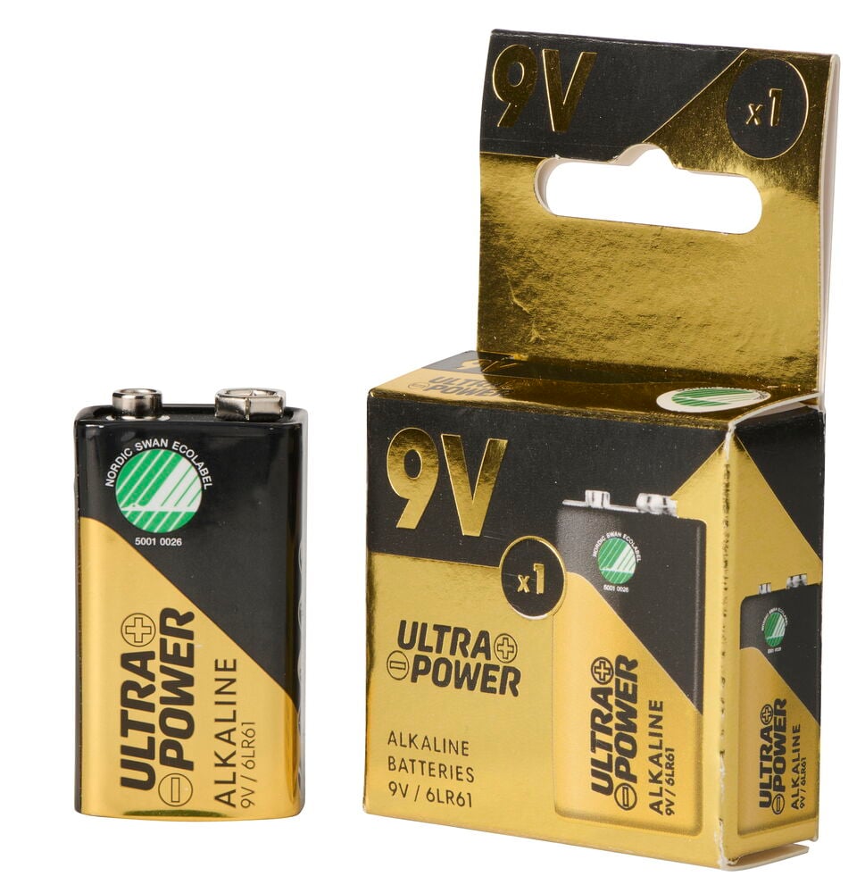 Batteri 9V Ultra Power Alkaline, svart og gull, vist løst og i sin åpne pappemballasje.