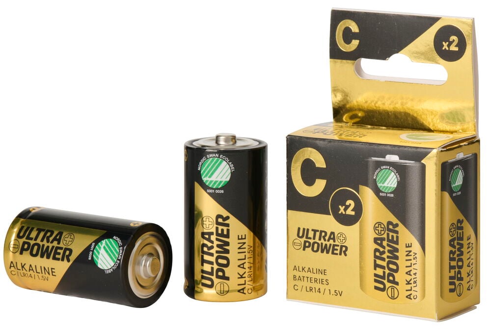 Musta ja kultainen C-paristo Ultra Power 2-pack Alkaline sekä kaksi irtonaista C-paristo Ultra Power Alkaline.