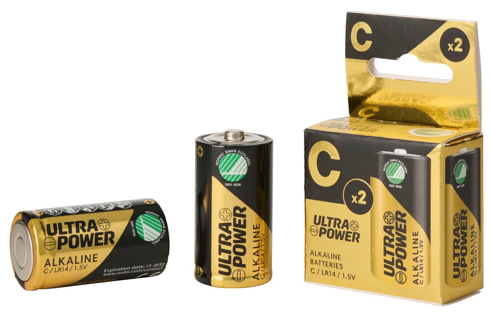 C-paristo Ultra Power 2-pack Alkaline -pakkaus ja kaksi irrallista C Ultra Power Alkaline -paristoa.