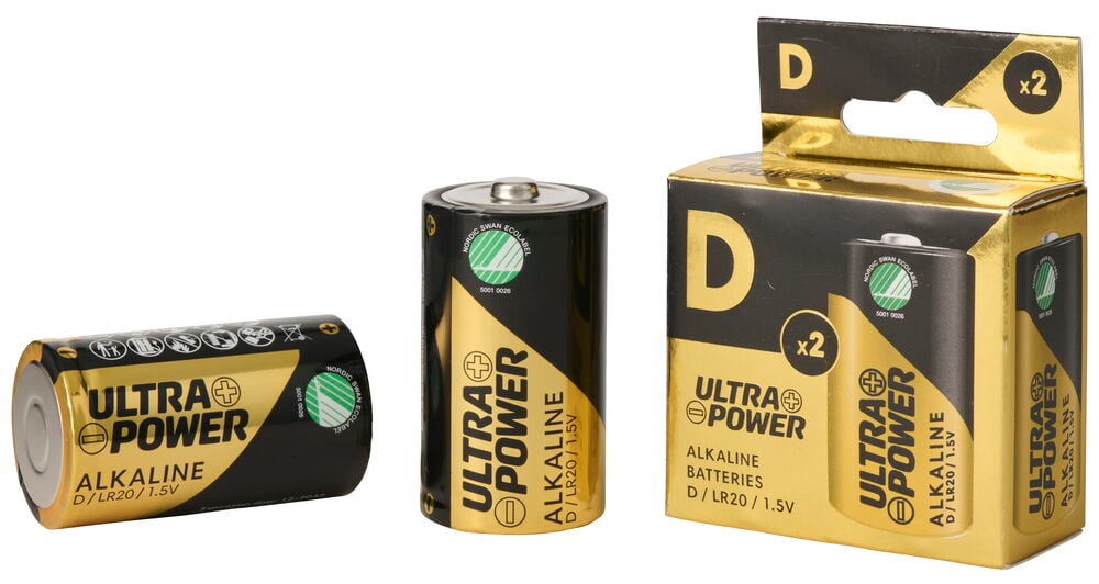 Batteri D Ultra Power 2-pk Alkaline i eske, et stående batteri og et liggende batteri.