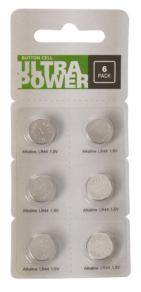 Kuusi nappiparistoa LR44 läpinäkyvässä pakkauksessa.