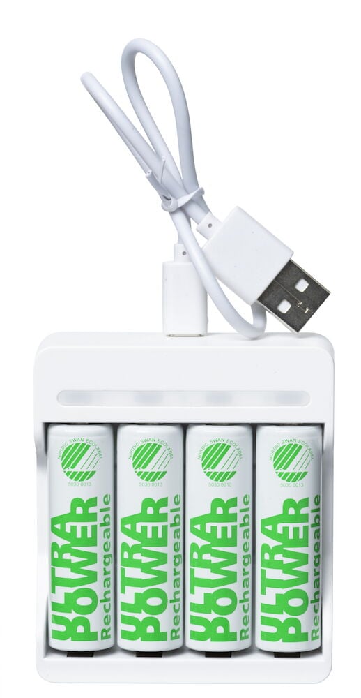 Vit USB batteriladdare med fyra uppladdningsbara AA-batterier.
