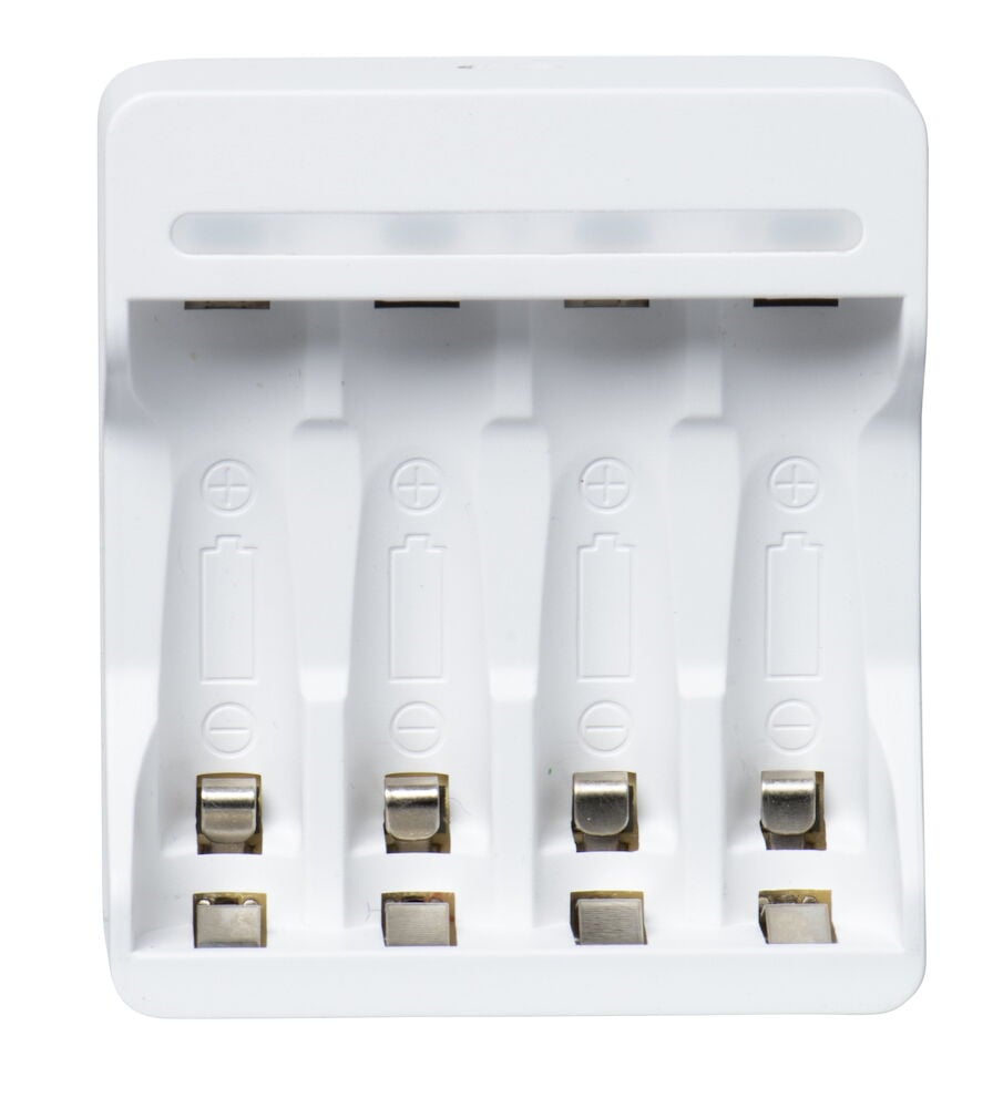 Vit USB batteriladdare för fyra AA eller AAA.