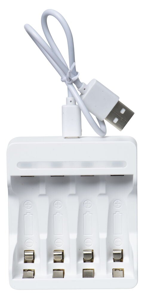 Vit USB batteriladdare för fyra AA eller AAA batterier.