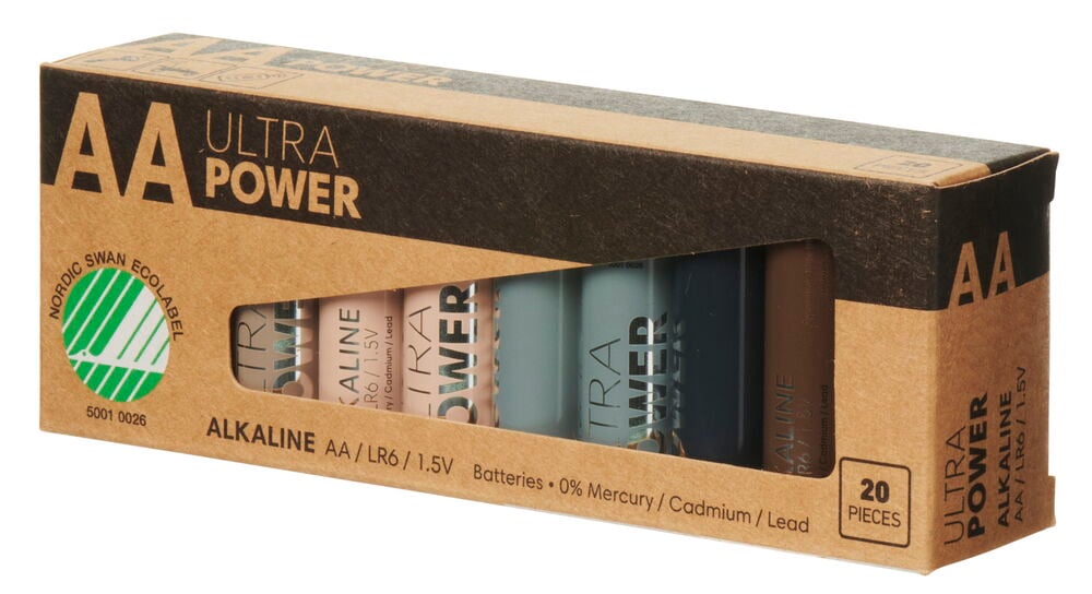Förpackning med tjugo AA-batterier i blandade färger.