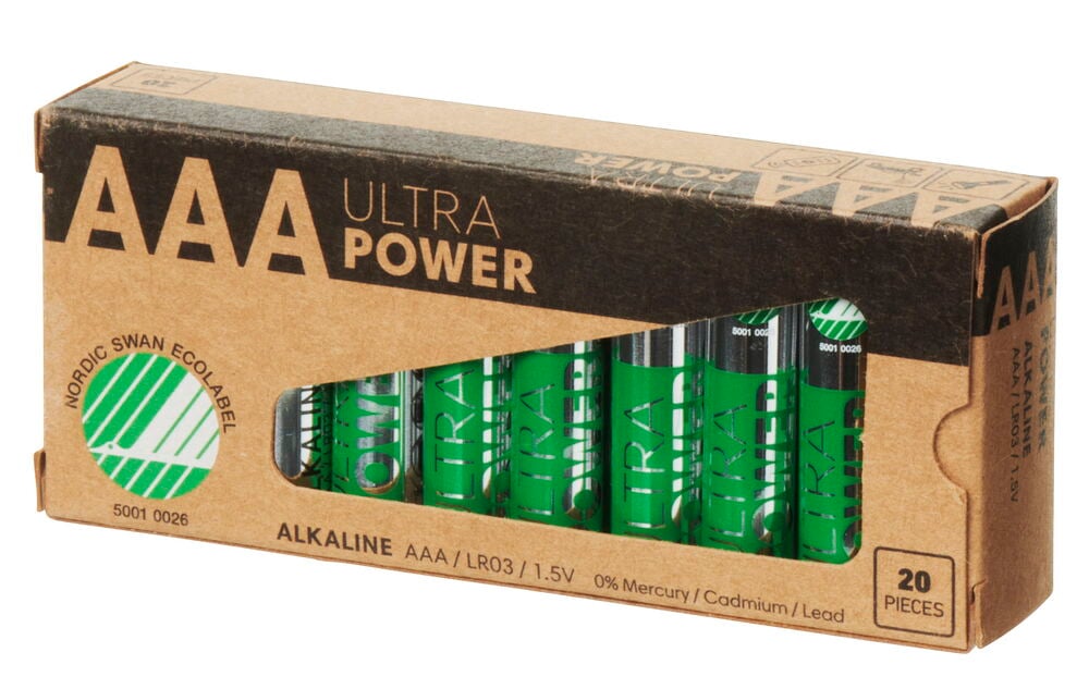 Kartonki, jossa on kaksikymmentä vihreää AAA alkaliparistoa.