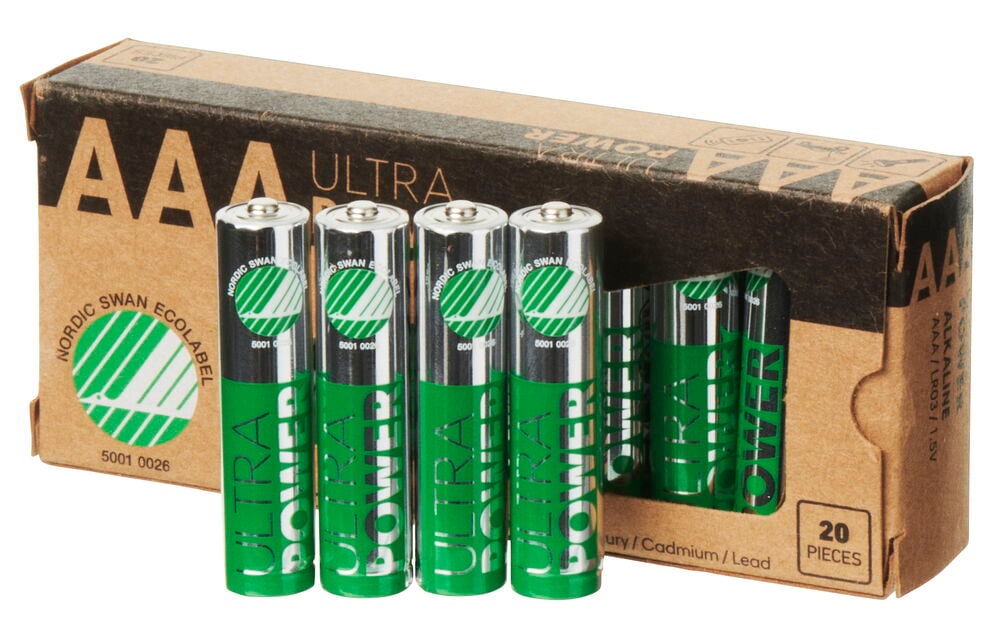 Vihreä ja musta AAA-paristopakkaus, joka sisältää 20 kappaletta.