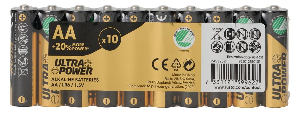 Batterie AA Ultra Power 10 er-Pack Alkaline, gold und schwarz, mit Ablaufdatum 06-2033.