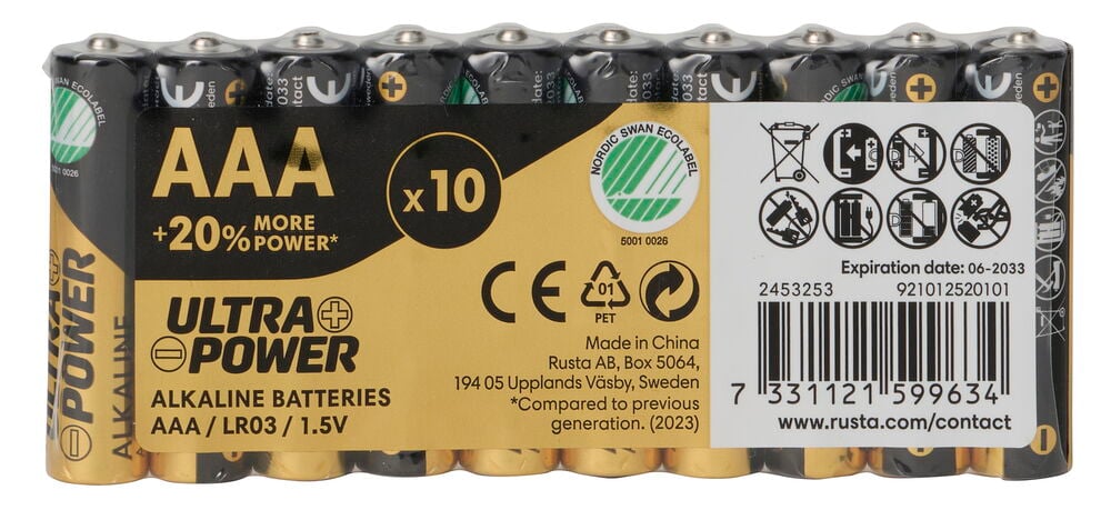 Eine 10er-Packung schwarzer und goldener Batterie AAA Ultra Power Alkaline, Haltbarkeitsdatum 06-2033.