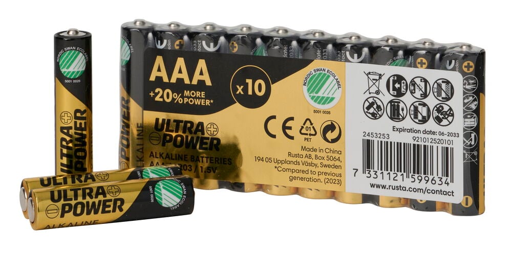 Eine schwarz-goldene 10er-Packung Batterie AAA Ultra Power Alkaline, mit drei losen Batterien.