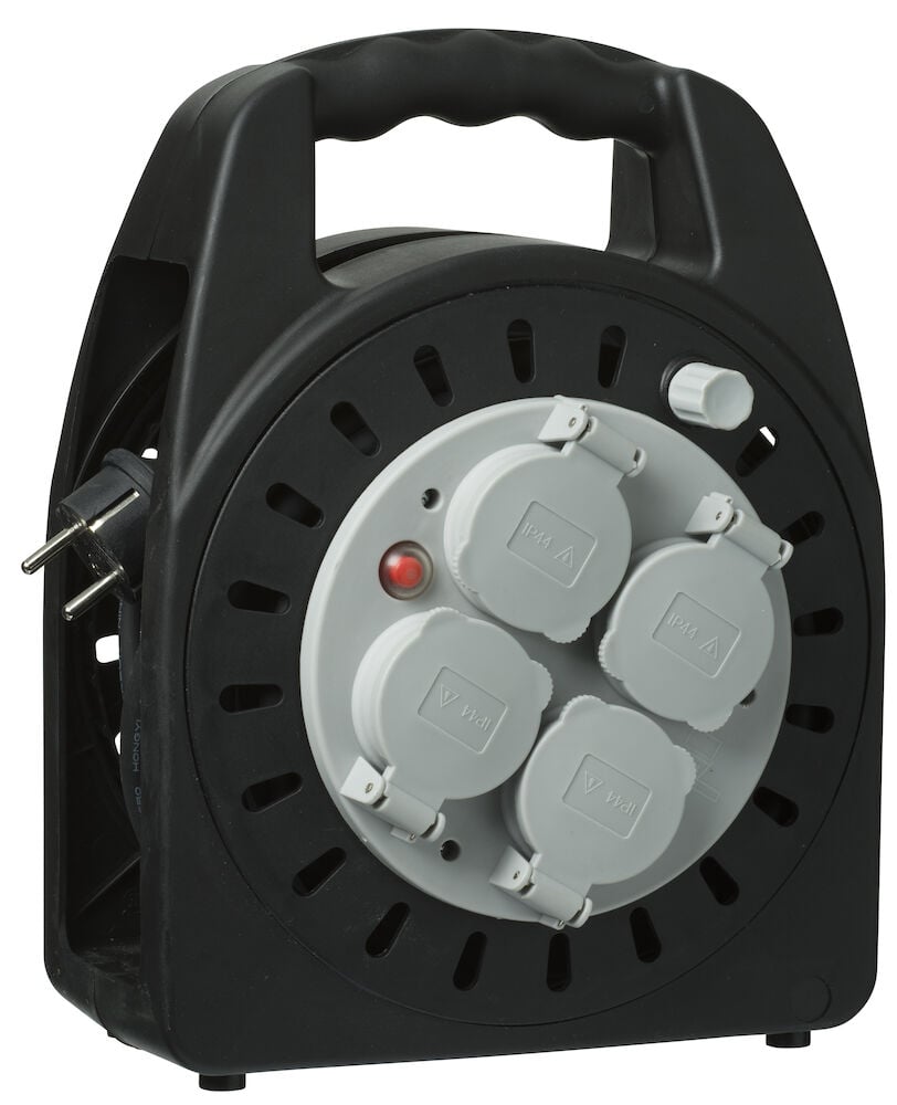 Svart kabelvinda med fyra eluttag och handtag.