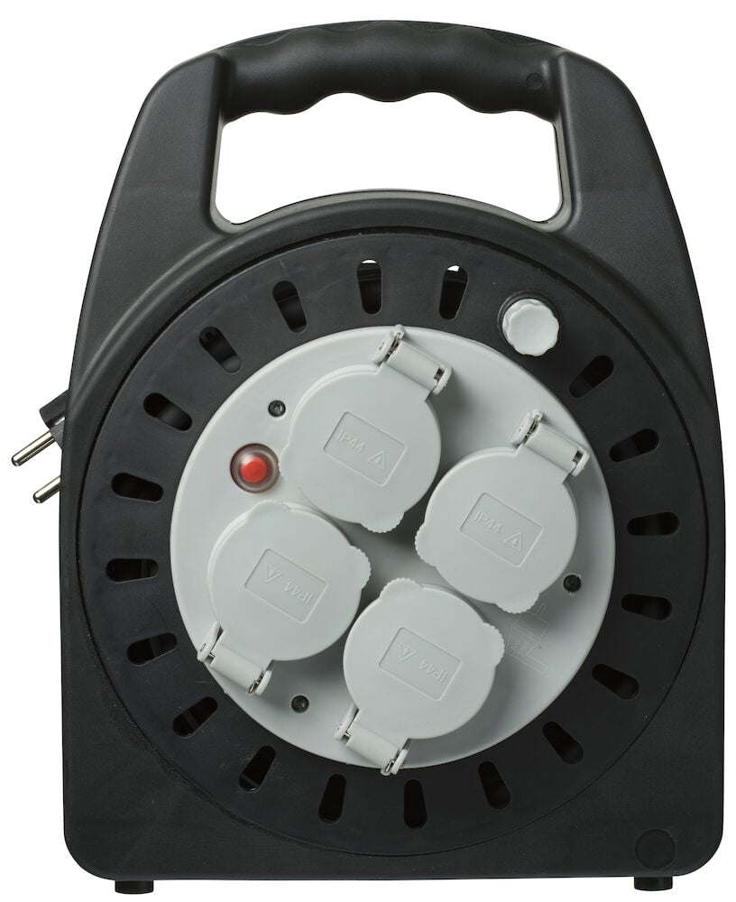 Svart kabelvinda med fyra vita eluttag.