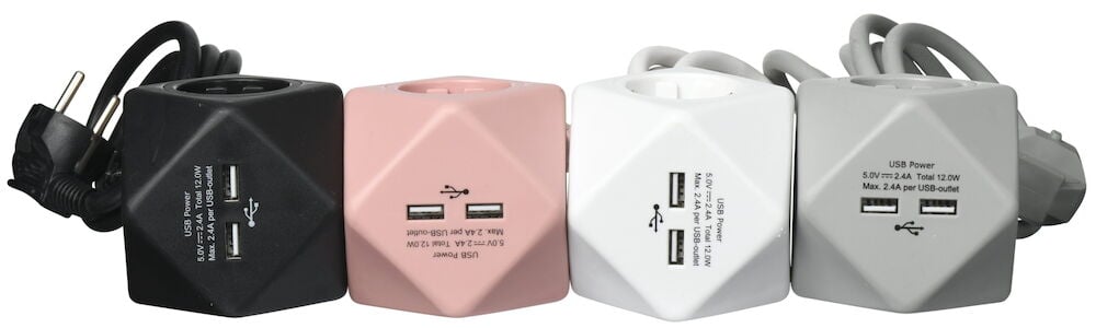 Fyra kubformade grenuttag i svart, rosa, vit och grå.