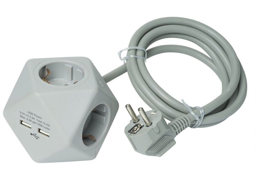 Grått grenuttag med fyra uttag och två USB-portar.