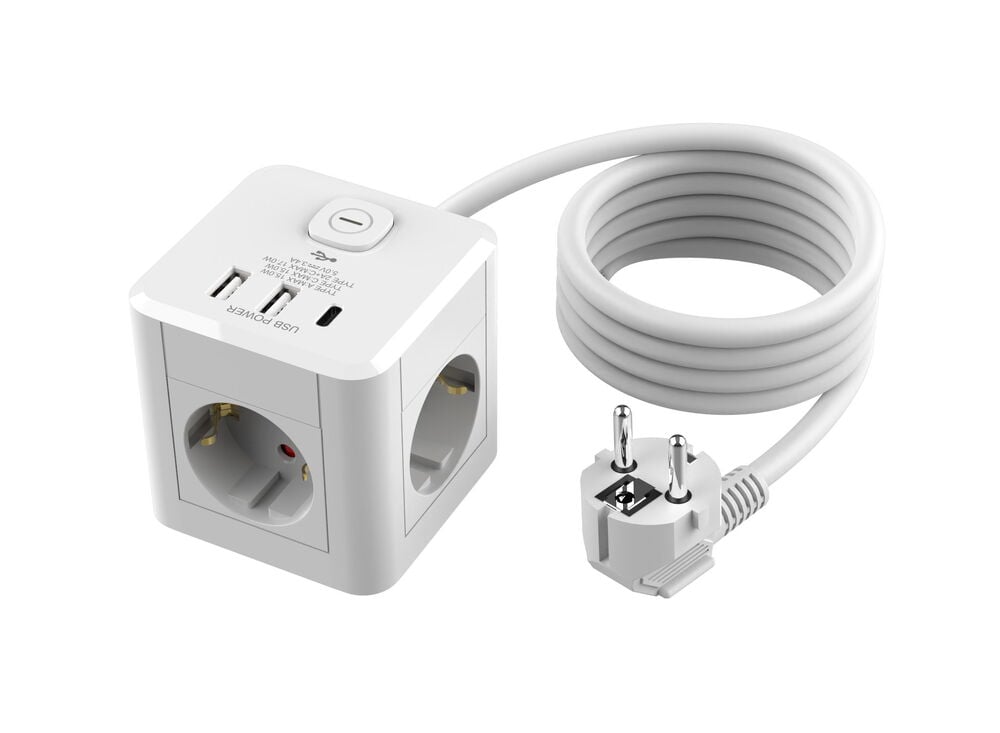 3-osainen jatkojohto 2xUSB-A 1xUSB-C Cube - 5