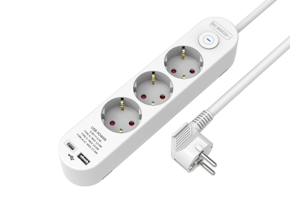 Power strip 3 outlets 1xUSB-A 1xUSB-C