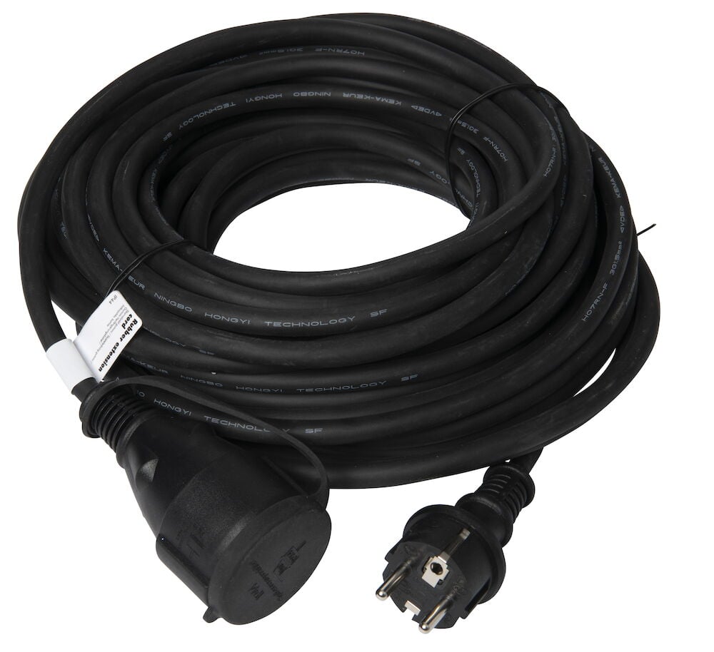 Svart gummiförlängningskabel med kontakt och jordad uttag.