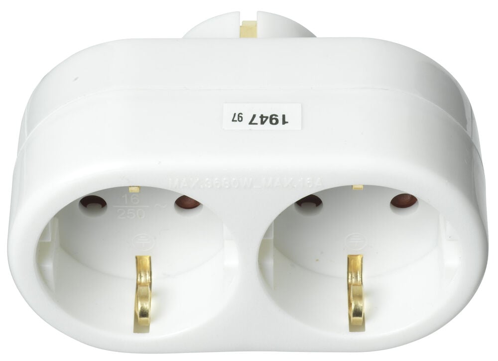 Vit tvåvägs jordad förgreningskontakt i plast.