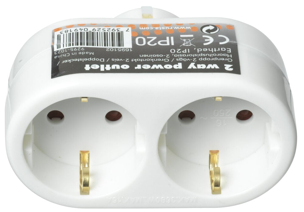 Vit tvåvägs jordad förgreningskontakt med schuko uttag.