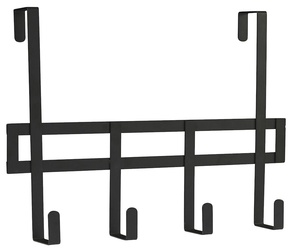 Musta ovenripustin, jossa viisi koukkua ripustamista varten.