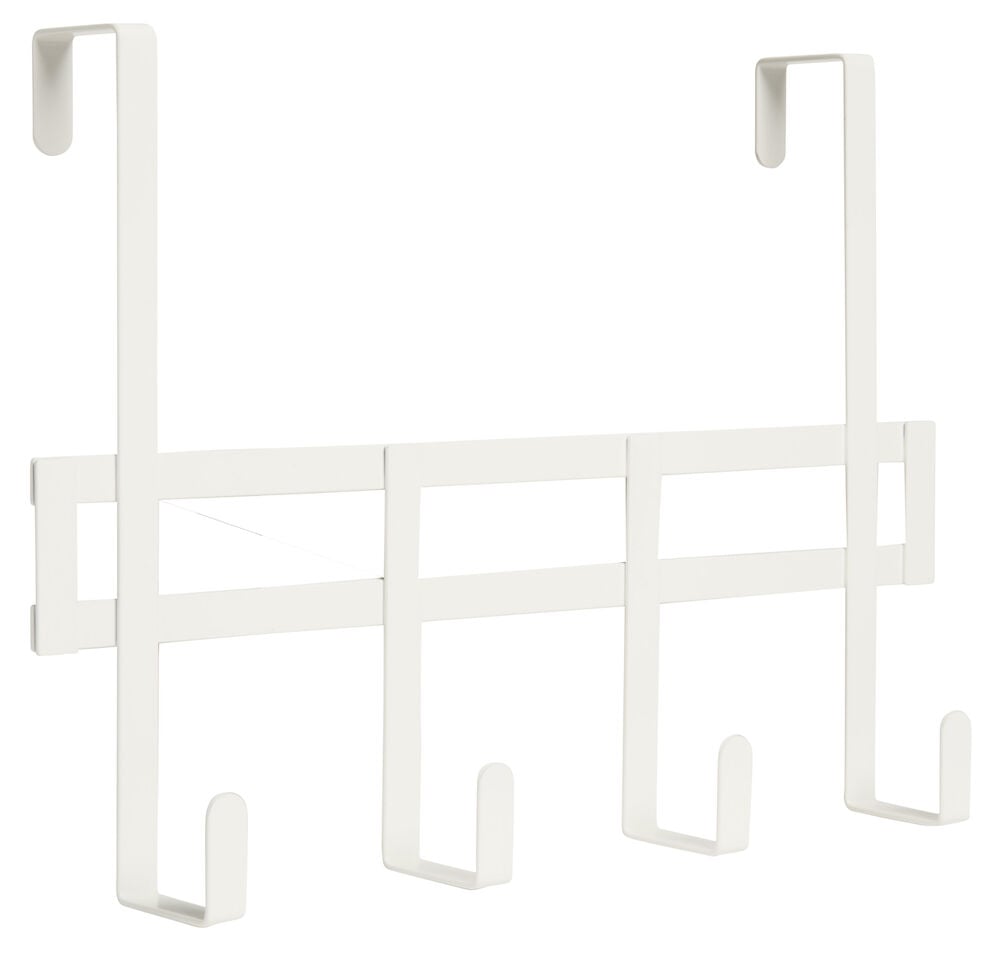 Valkoinen metallinen ovenripustin, jossa on neljä koukkua.