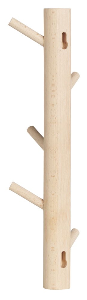 Kleiderleiste aus hellem Buchenholz mit fünf runden Haken.