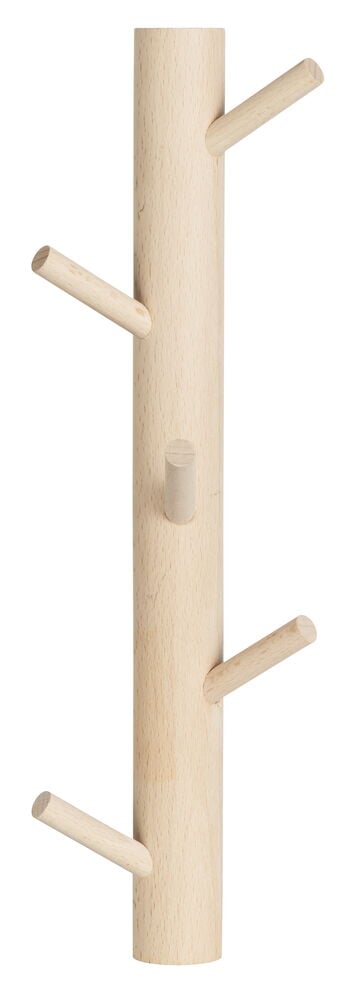 Kleiderhakenleiste aus Buchenholz mit fünf schrägen Haken.