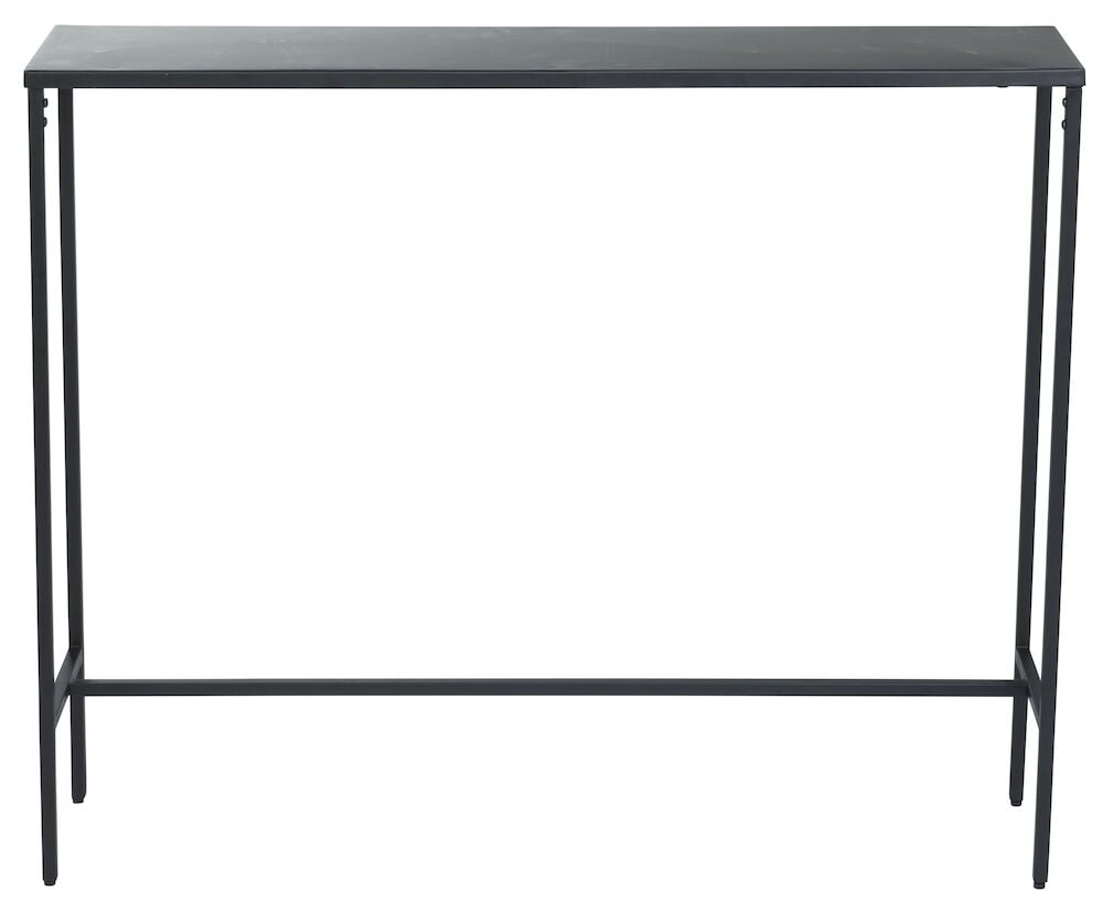 Svart smalt metallbord med minimalistisk design.