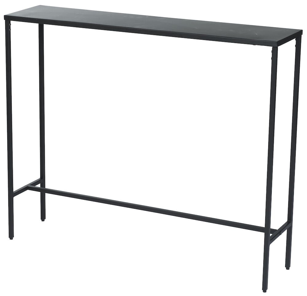 Schwarzer Beistelltisch aus Metall mit schmaler rechteckiger Form.