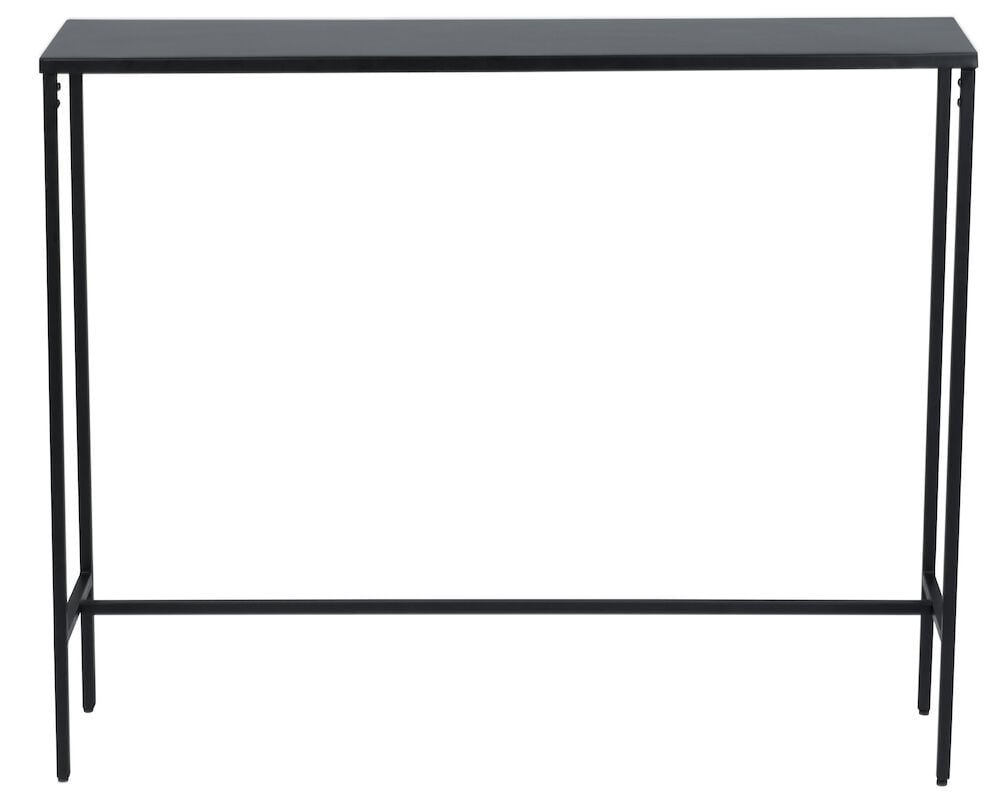 Schwarzer Metalltisch mit schlankem und minimalistischem Design.