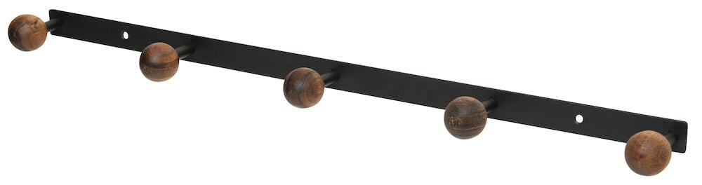 Musta koukkuhylly, jossa on viisi pyöreää puunuppia.