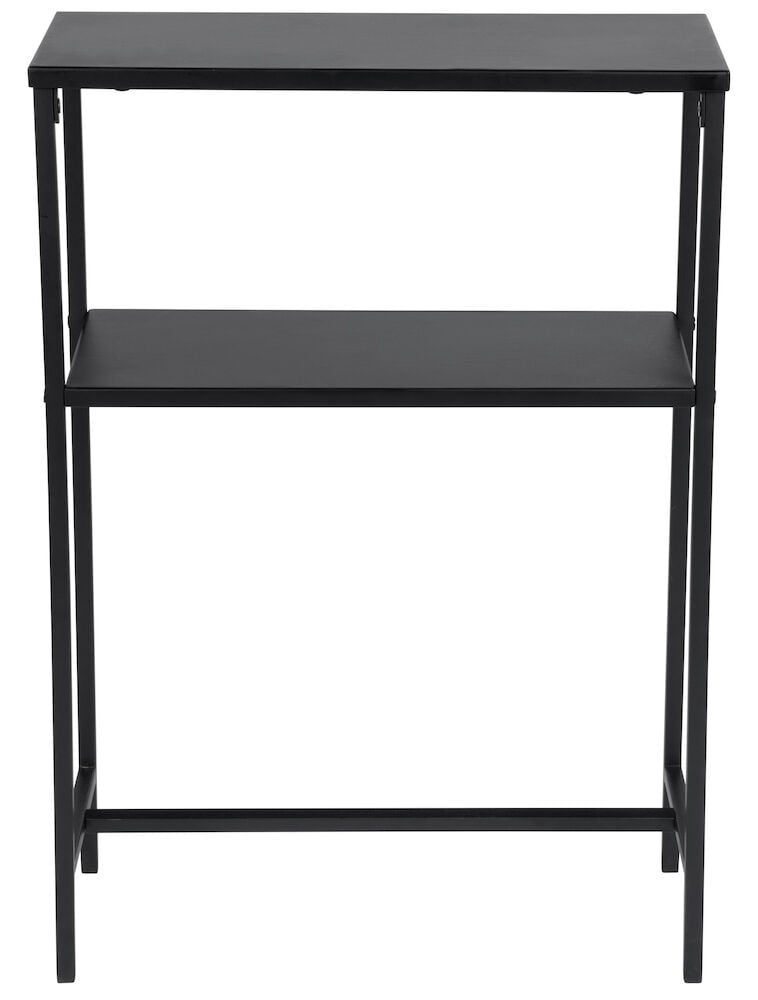 Schwarzer Beistelltisch aus Metall mit zwei Regalböden.