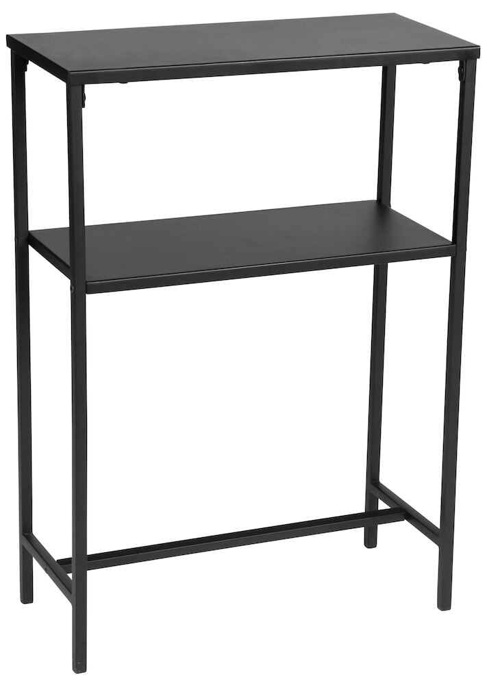 Schwarzer Beistelltisch aus Metall mit zwei Ablagen.