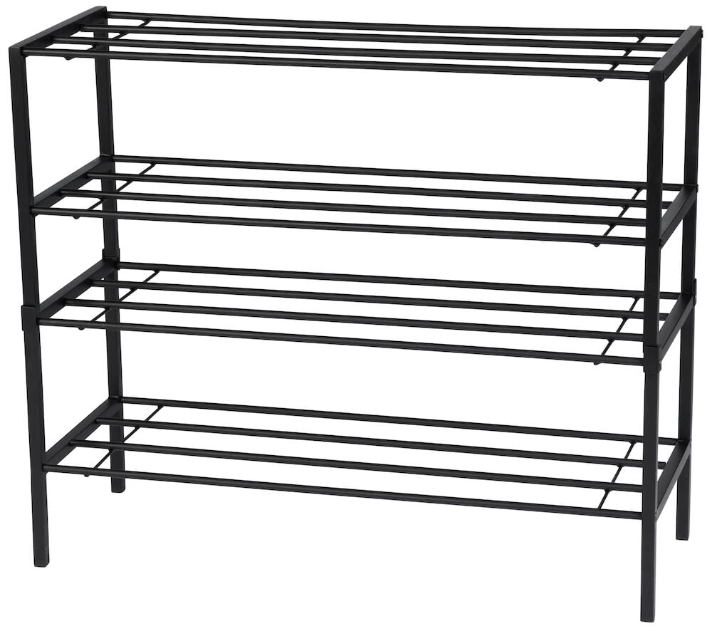 Musta metallinen kenkähylly, jossa neljä avointa hyllytasoa.