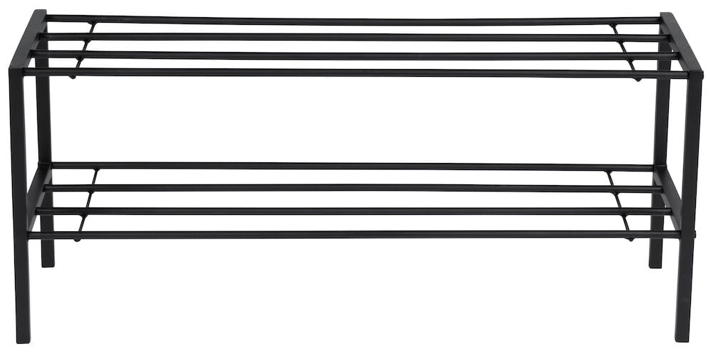 Musta kenkähylly metallista, jossa on kaksi hyllytasoa.