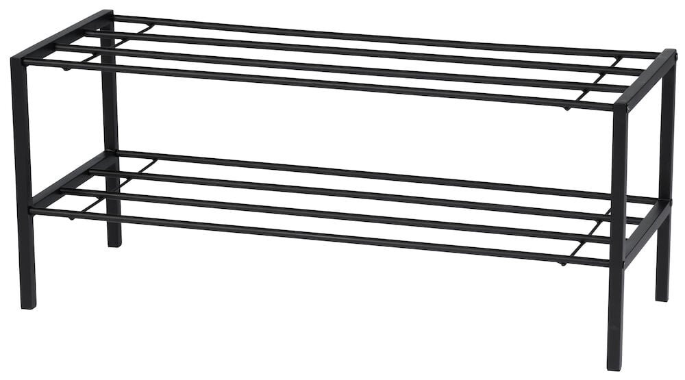 Musta metallinen kenkähylly, jossa on kaksi hyllytasoa.