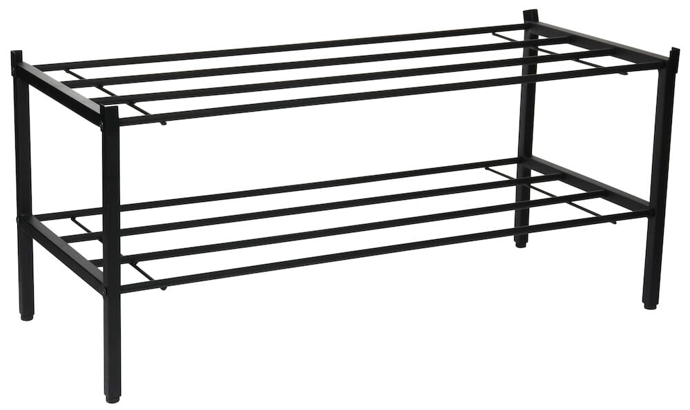 Musta metallinen kenkähylly, jossa on kaksi hyllytasoa.