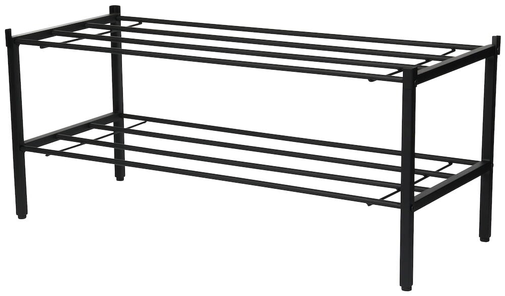 Musta metallinen kenkähylly, jossa on kaksi hyllytasoja.