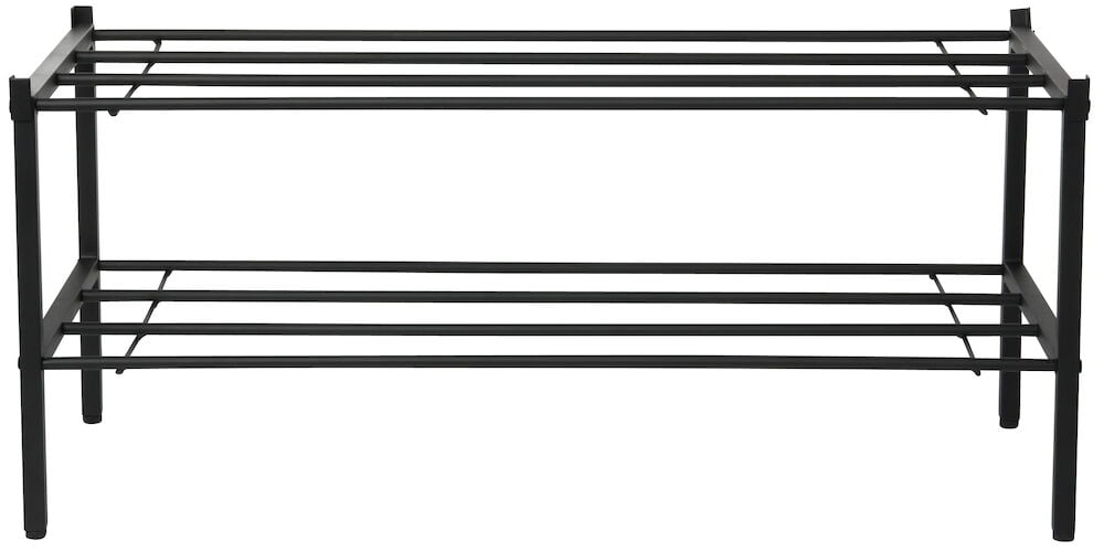 Musta kaksikerroksinen metallinen kenkähylly avoimella muotoilulla.