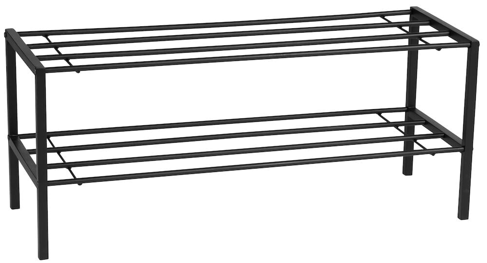 Musta metallinen kenkähylly, jossa on kaksi hyllytasoa.