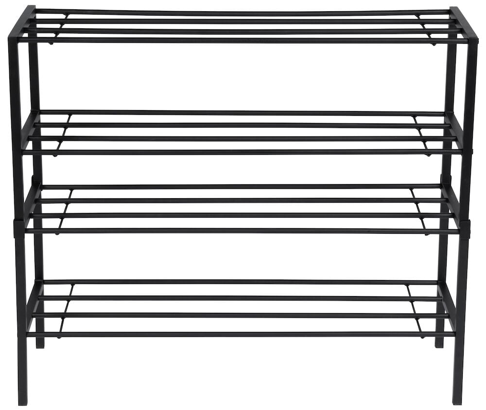 Musta metallinen kenkähylly, jossa on neljä hyllytasoa.