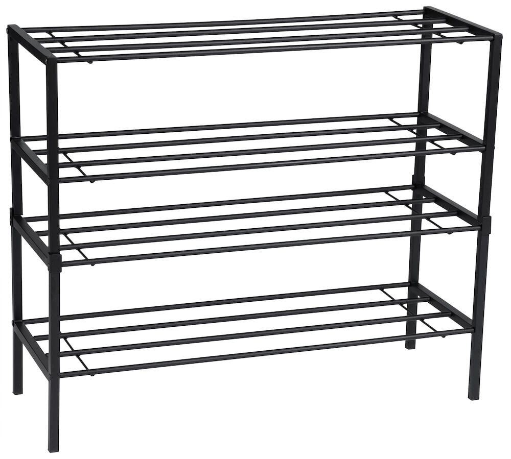 Musta metallinen kenkäteline, jossa on neljä hyllytasoa.