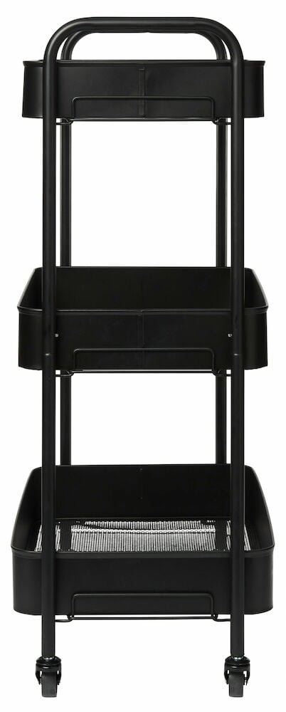 Svart rullvagn i metall med tre hyllplan.